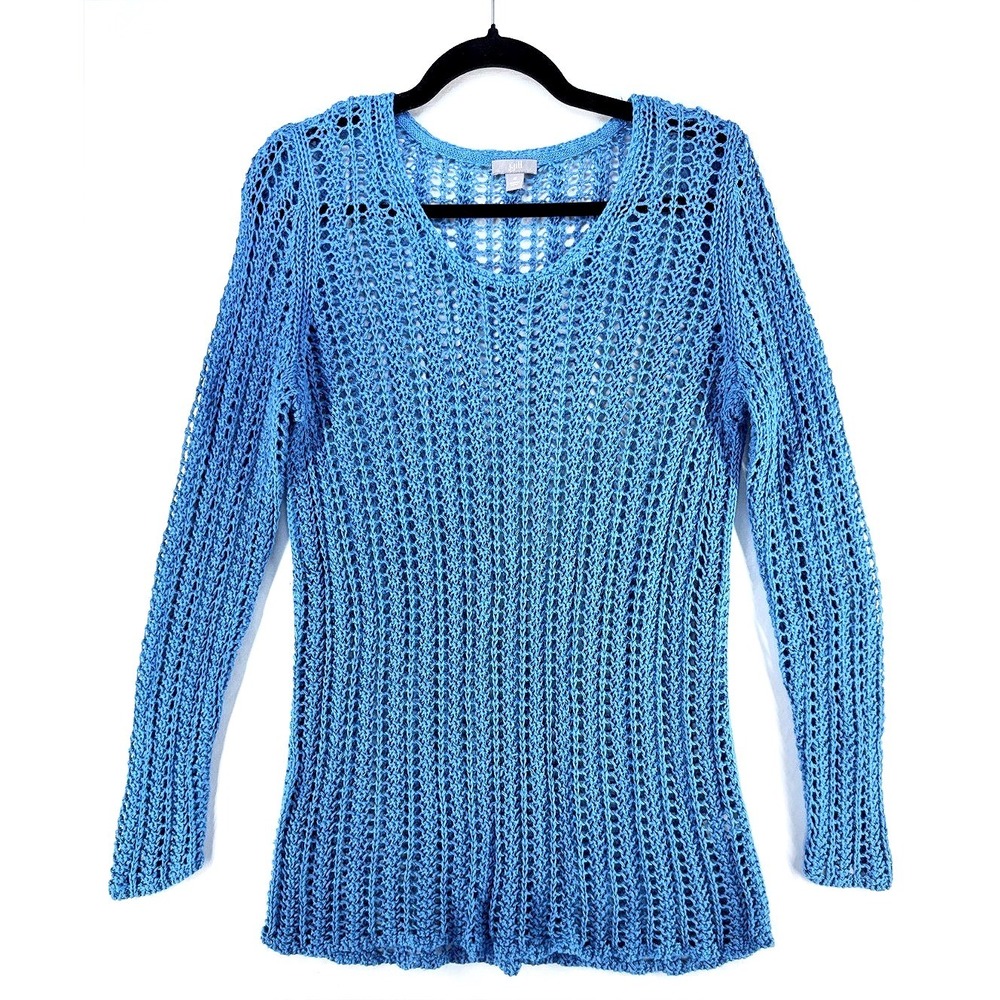J Jill Linen Knit Crochet Sweater M Blue Long Sleeve Tunic Fun Beach Resort Wear